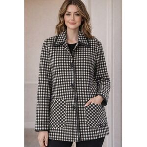 Vintage Loring USA Wool Blend Houndstooth Coat Women's M Black White‎ Leather